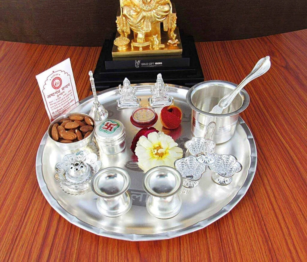 GOLDGIFTIDEAS 12 Inch Archana Silver Plated Pooja Thali Set For Home