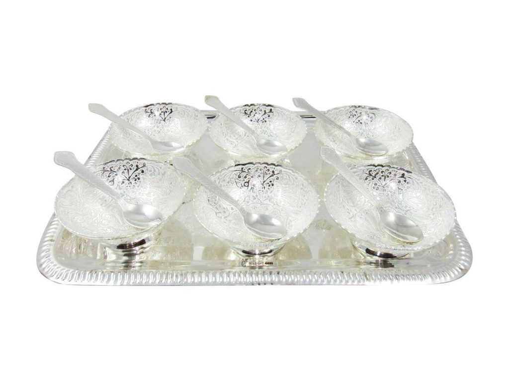 GOLDGIFTIDEAS 4 Inch Silver Plated Peacock Serving Bowl Set With Tray