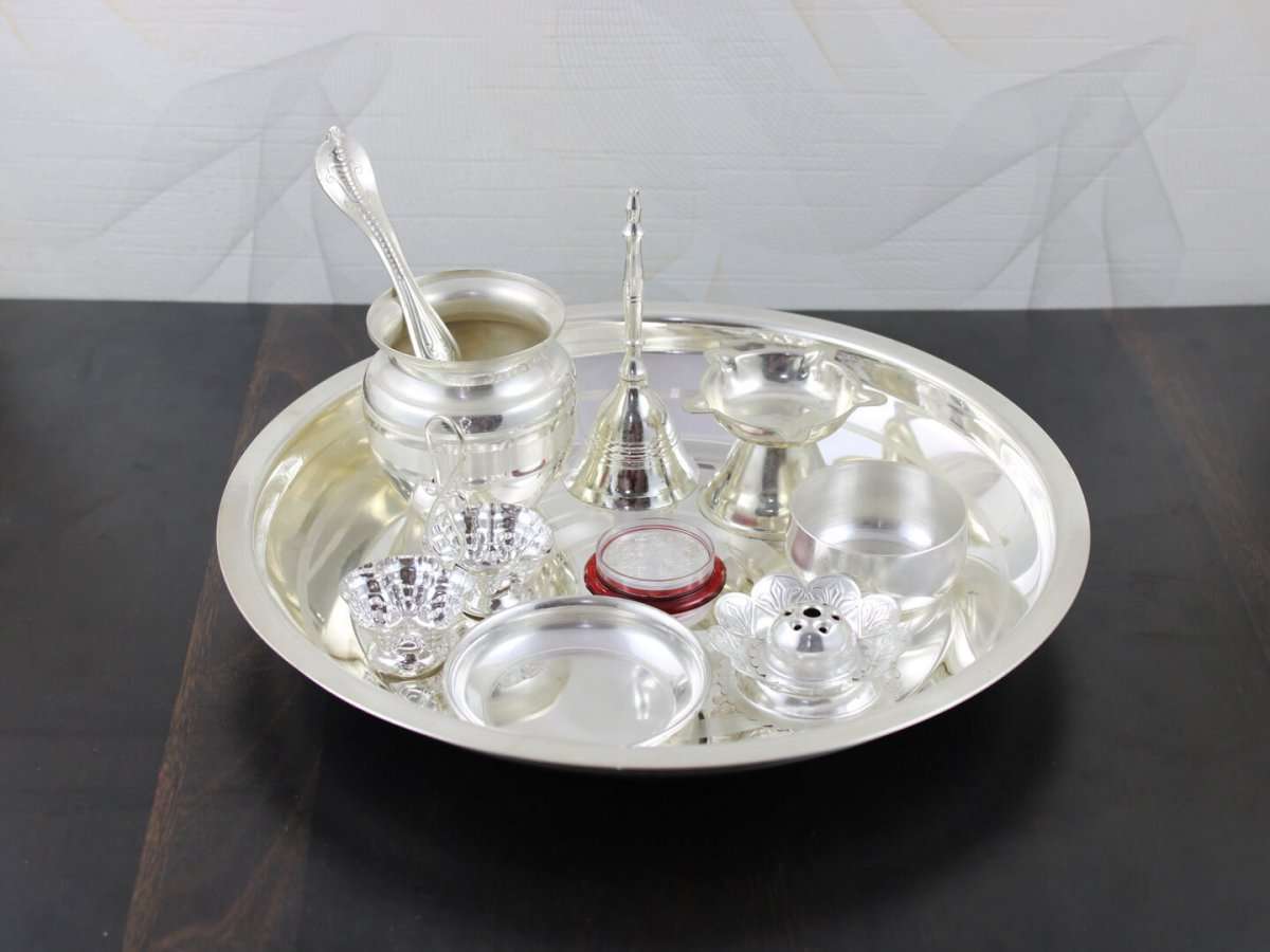 Pooja Thali set, pooja thali silver, pooja thali decoration, Pooja Thali for home, pooja thali set silver, return gifts for housewarming