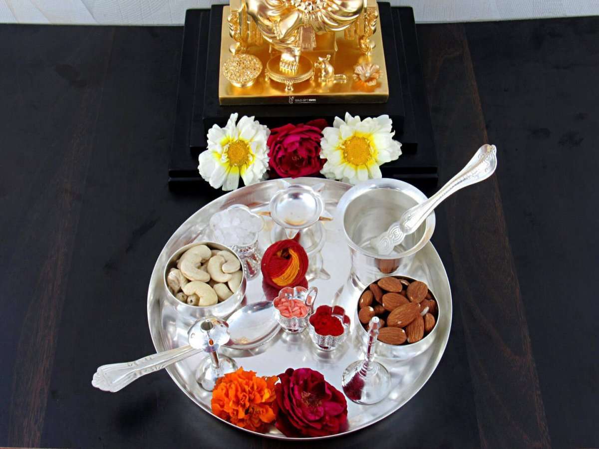 Pooja Thali set, pooja thali silver, pooja thali decoration, Pooja Thali for home, pooja thali set silver, return gifts for housewarming