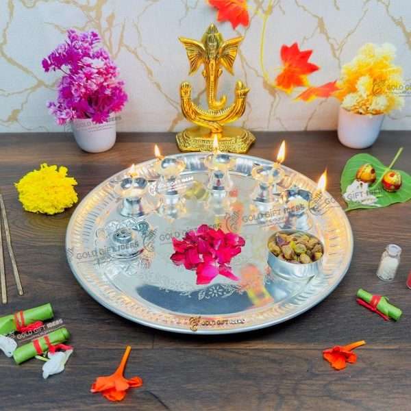 Handmade Silver Plated Pooja Aarti Thali, Poojan top Purpose, Gift Set, 7 Pieces Diwali / Pooja / Puja / Housewarming / Anniversary Gift Decor