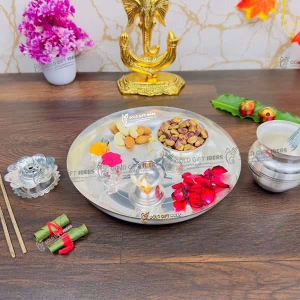 Gold Plated Pooja Thali Set, Occasional Gift, Puja Thali outlet Decorative, Wedding Gift, Diwali Pooja Karwachauth Thali Set Return Gift