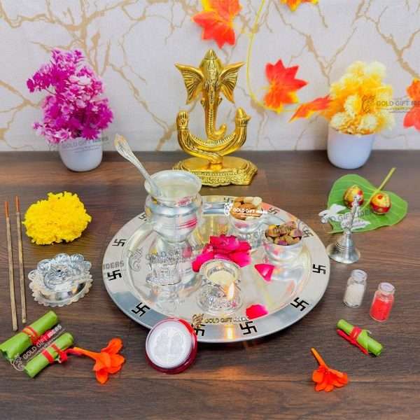 Pooja Thali set, pooja thali silver, pooja thali decoration, Pooja Thali for home, pooja thali set silver, pooja thali for wedding, pooja thali for mandir, pooja thali for Diwali, pooja thali for karva chauth, pooja thali gift set, pooja thali set gold plated pooja thali set for wedding silver thali set for pooja, return gifts for housewarming