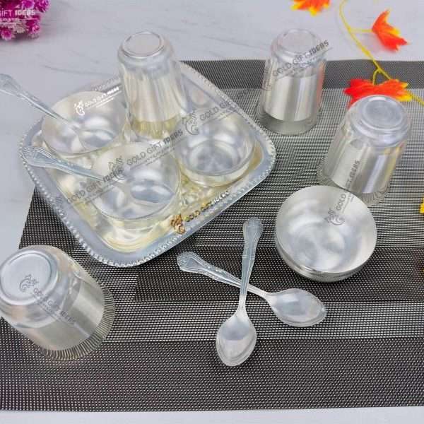 glass set for kitchen, glass set gift, glass set for water, glass set for juice, glass sets for drinking, glass set with tray, silver plated glass tray set, bowl set with tray, bowl set, bowl set for gift, bowl set for kitchen, dry fruit serving bowl, dry fruit bowl set, german silver dry fruit bowl