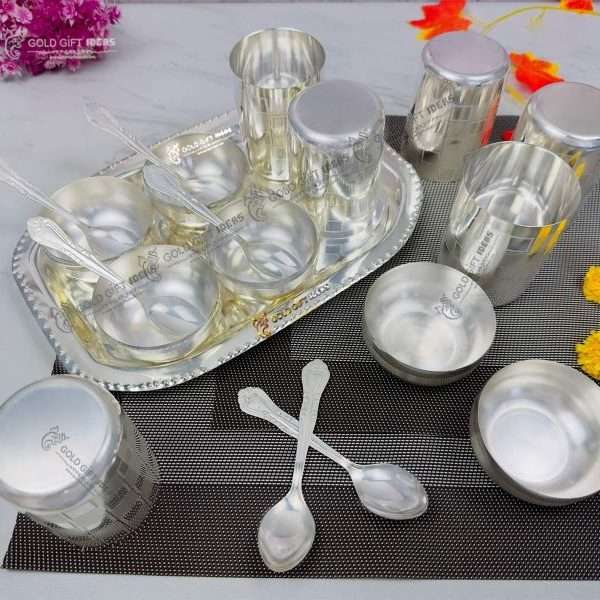 glass set for kitchen, glass set gift, glass set for water, glass set for juice, glass sets for drinking, glass set with tray, silver plated glass tray set, bowl set with tray, bowl set, bowl set for gift, bowl set for kitchen, dry fruit serving bowl, dry fruit bowl set, german silver dry fruit bowl