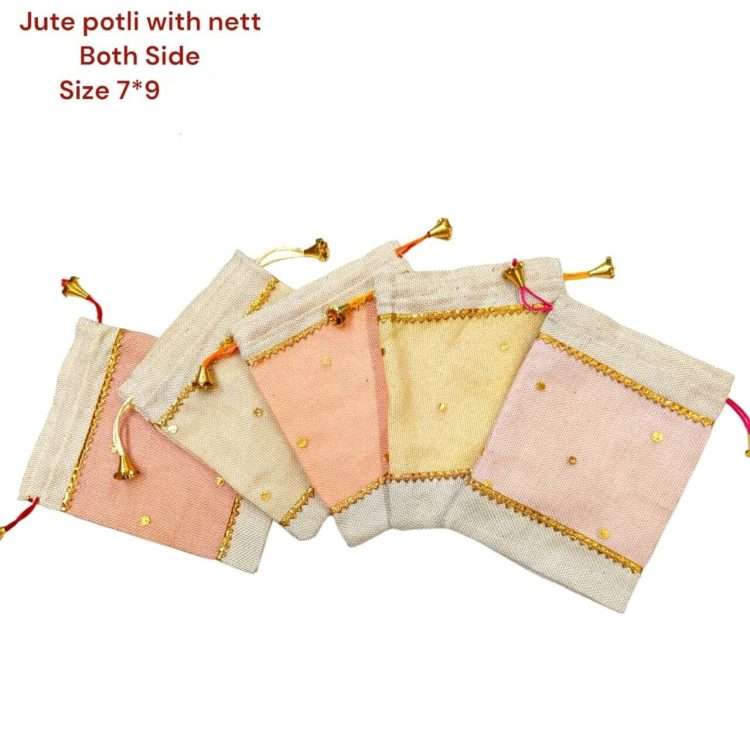 GOLDGIFTIDEAS Jute Net Potli Bags for Chocolates Coin Pouch for Girls Packaging Pouch for Candy Shagun Pouches for Return Gift 9 x 7 Inch