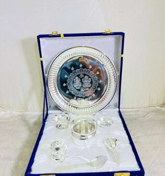 Pooja Thali set, pooja thali silver, pooja thali decoration, Pooja Thali for home, pooja thali set silver, pooja thali for wedding, pooja thali for mandir, pooja thali for Diwali, pooja thali for karva chauth, pooja thali gift set, pooja thali set gold plated pooja thali set for wedding silver thali set for pooja, return gifts for housewarming